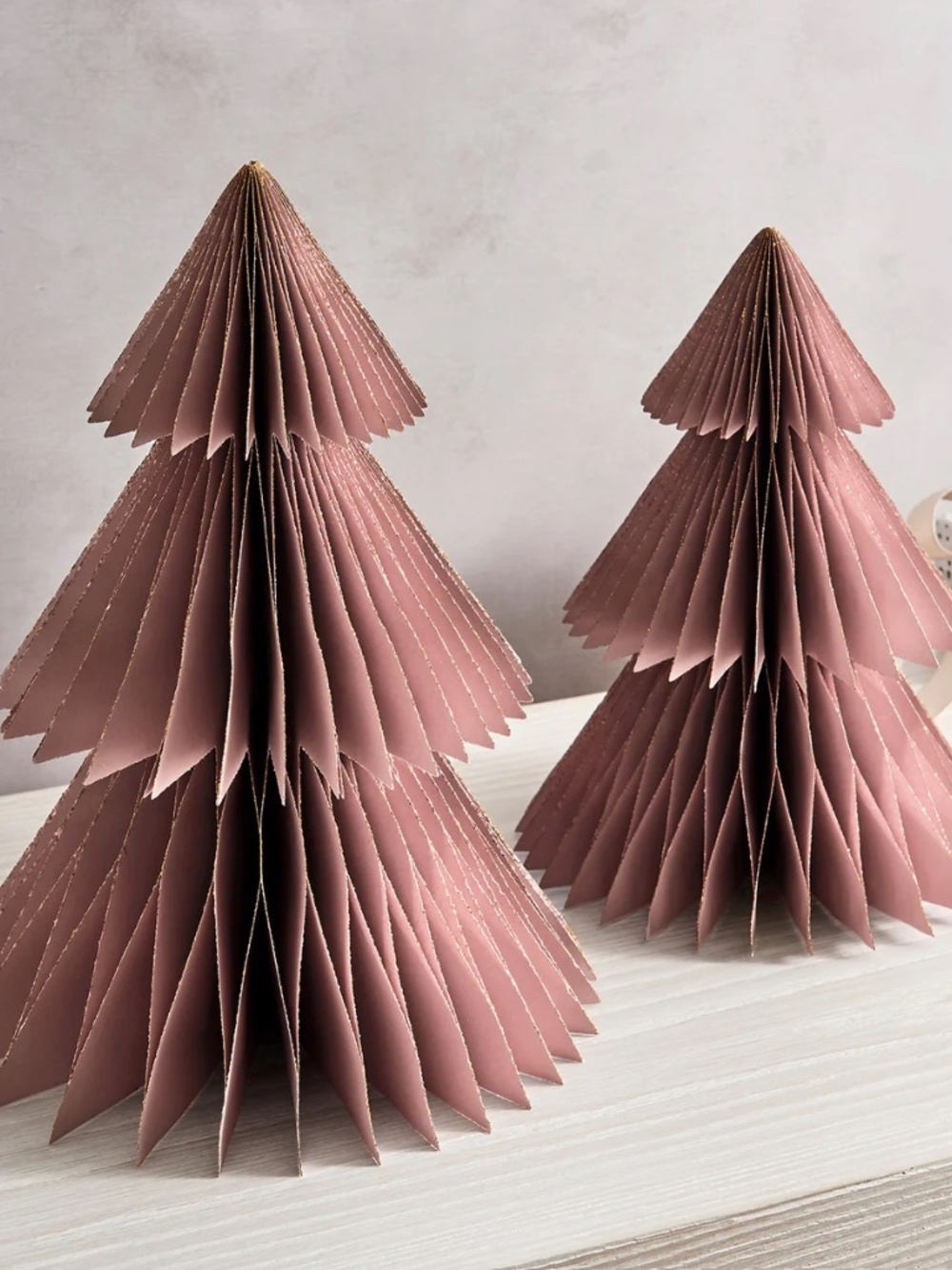 Dusty Rose Paper Christmas Trees Set of 2 10” 12” Gold Trim Lights.com NWT